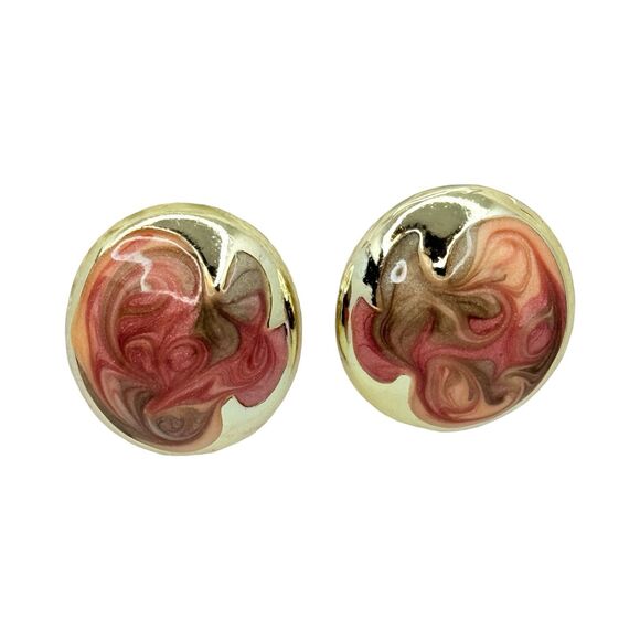 Don Lin Pink & Gold Swirl Large Statement Earrings 1 1/8" 80s Signed Buttons - Picture 7 of 11
